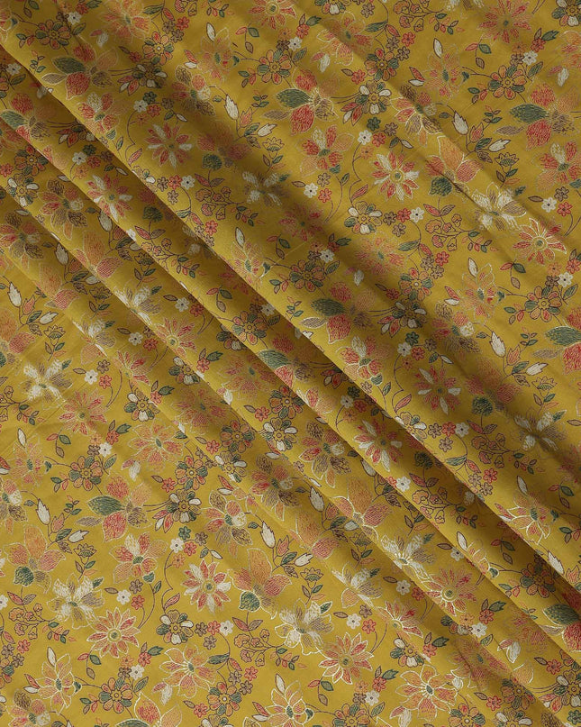 Ochre Yellow Floral Cotton Lawn Fabric 110cm