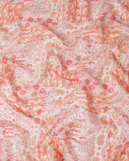 Coral Pink Floral Paisley Cotton Lawn Fabric 110cm