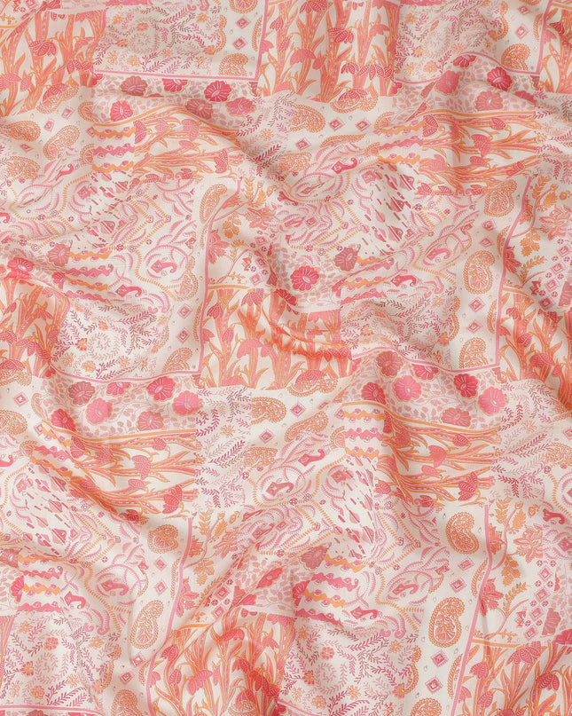 Coral Pink Floral Paisley Cotton Lawn Fabric 110cm