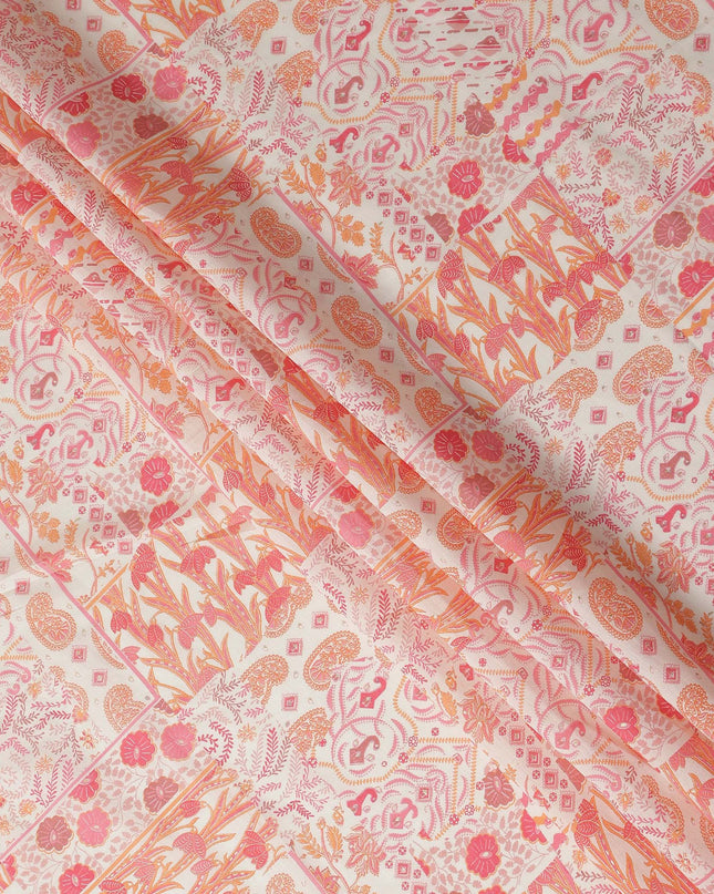 Coral Pink Floral Paisley Cotton Lawn Fabric 110cm