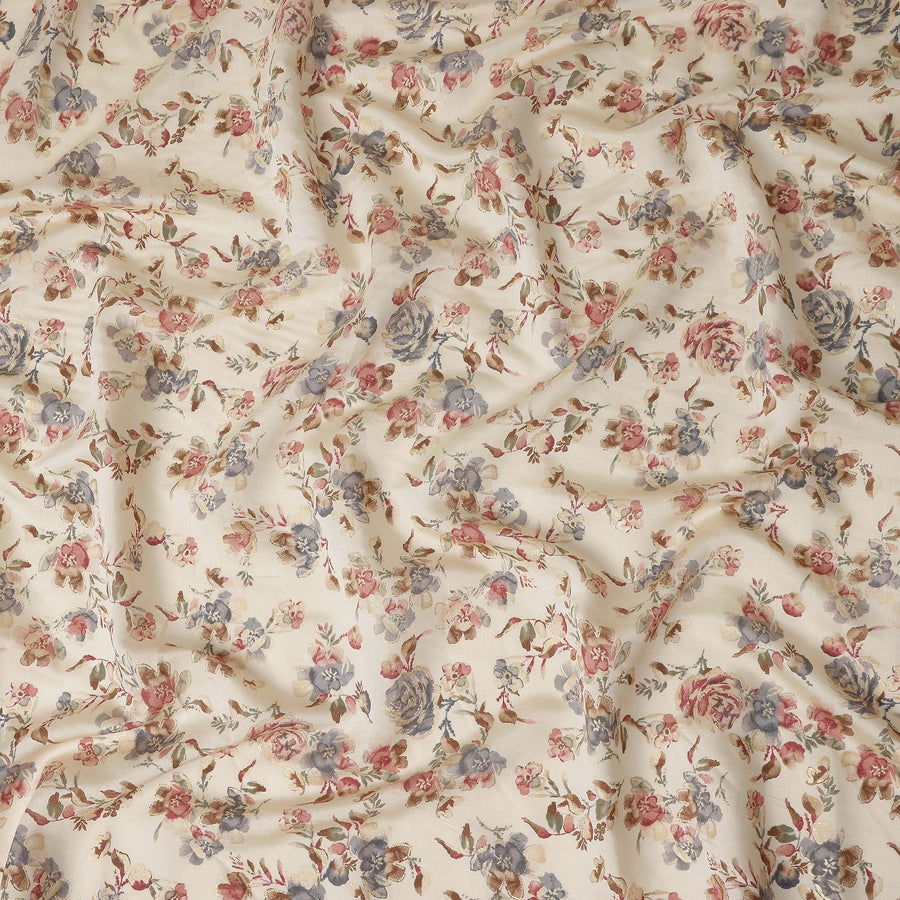 Off White Floral Cotton Lawn Fabric 110cm