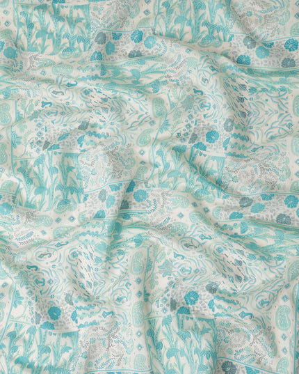 Aqua Blue Floral Paisley Cotton Lawn Fabric 110cm
