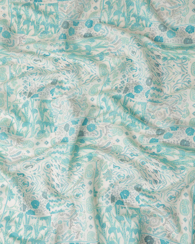 Aqua Blue Floral Paisley Cotton Lawn Fabric 110cm