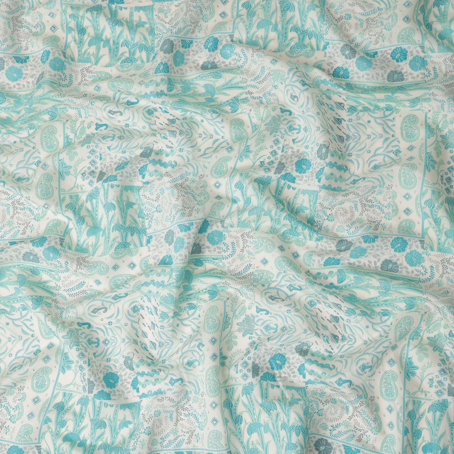 Aqua Blue Floral Paisley Cotton Lawn Fabric 110cm
