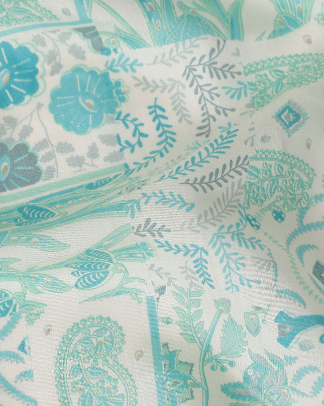 Aqua Blue Floral Paisley Cotton Lawn Fabric 110cm