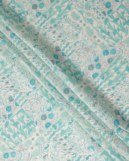 Aqua Blue Floral Paisley Cotton Lawn Fabric 110cm