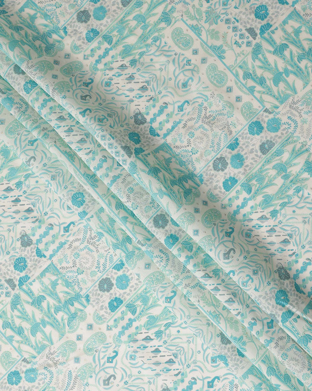 Aqua Blue Floral Paisley Cotton Lawn Fabric 110cm