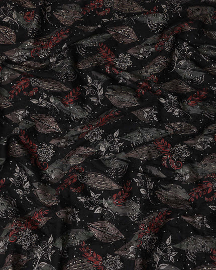 Black Multicolor Floral Cotton Lawn Fabric 110cm