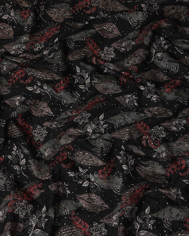 Black Multicolor Floral Cotton Lawn Fabric 110cm