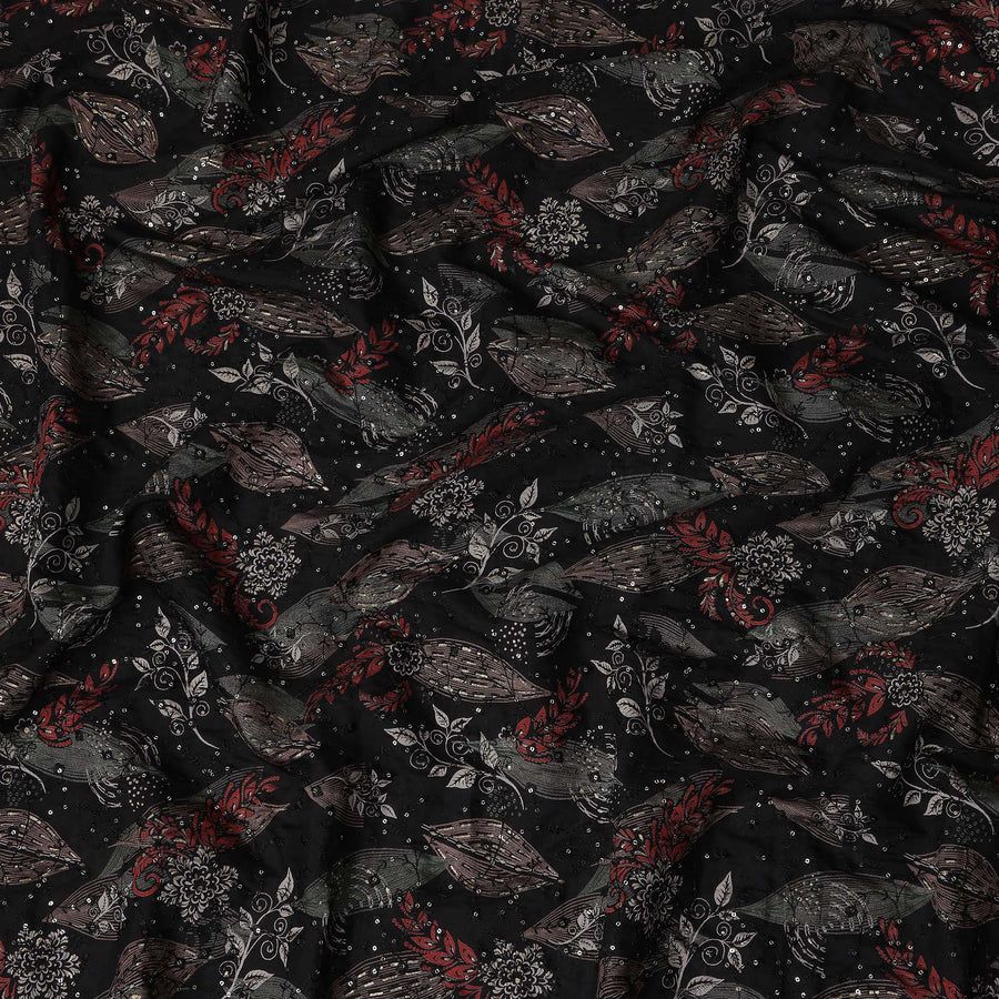 Black Multicolor Floral Cotton Lawn Fabric 110cm