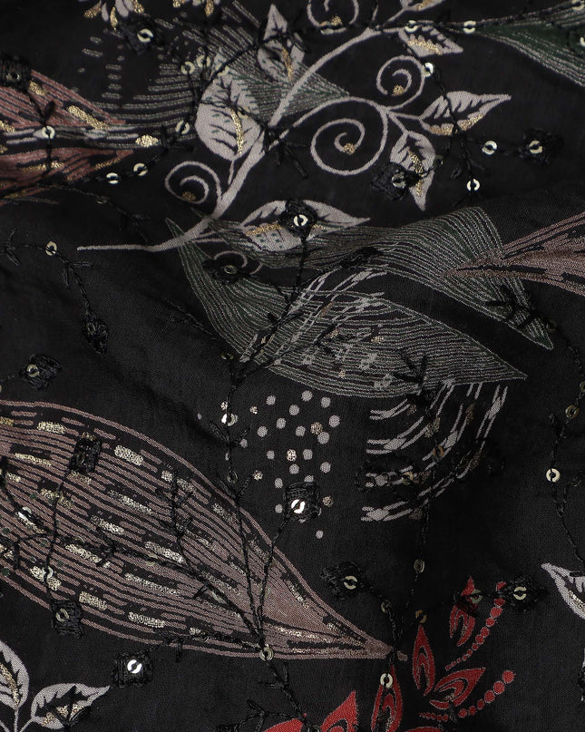 Black Multicolor Floral Cotton Lawn Fabric 110cm