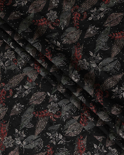 Black Multicolor Floral Cotton Lawn Fabric 110cm