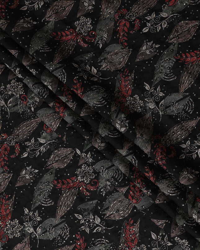 Black Multicolor Floral Cotton Lawn Fabric 110cm