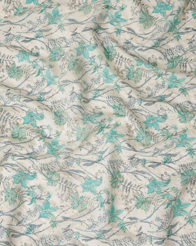 Teal Green Floral Cotton Lawn Fabric 110cm
