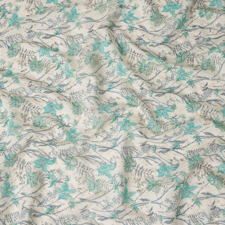 Teal Green Floral Cotton Lawn Fabric 110cm