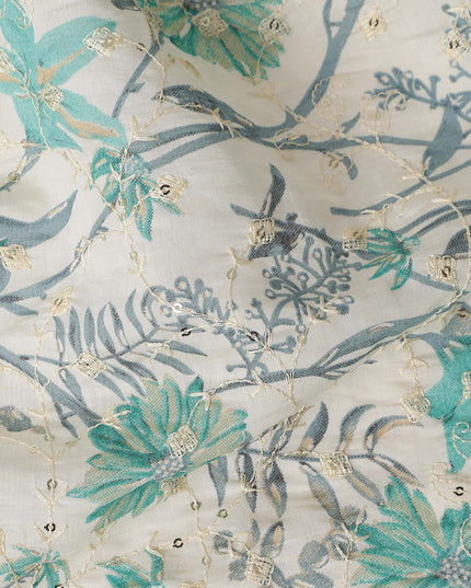 Teal Green Floral Cotton Lawn Fabric 110cm