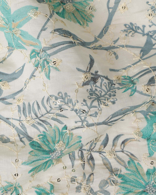 Teal Green Floral Cotton Lawn Fabric 110cm