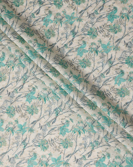 Teal Green Floral Cotton Lawn Fabric 110cm