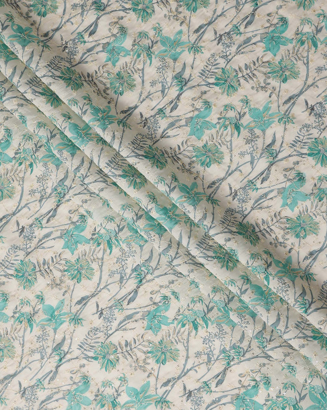 Teal Green Floral Cotton Lawn Fabric 110cm
