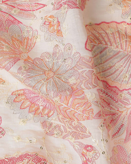 Coral Pink Floral Cotton Lawn Fabric 110cm