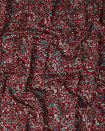 Crimson Red Floral Cotton Lawn Fabric 110cm
