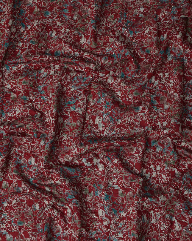 Crimson Red Floral Cotton Lawn Fabric 110cm
