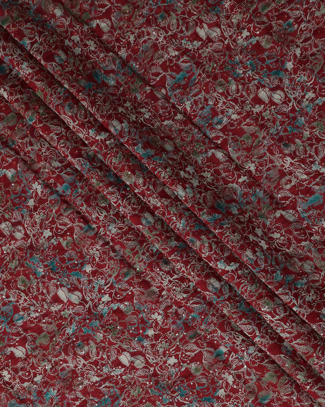 Crimson Red Floral Cotton Lawn Fabric 110cm