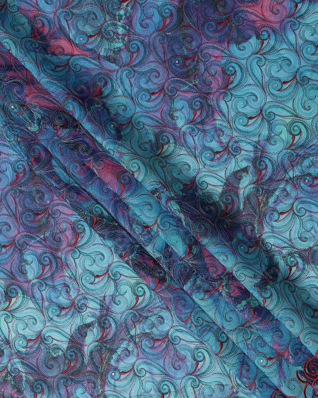 Teal and Coral Pink Swiss Voile Sudanese Thobe Fabric