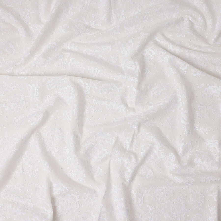 Ivory White Embroidered Cotton Voile Fabric 110cm