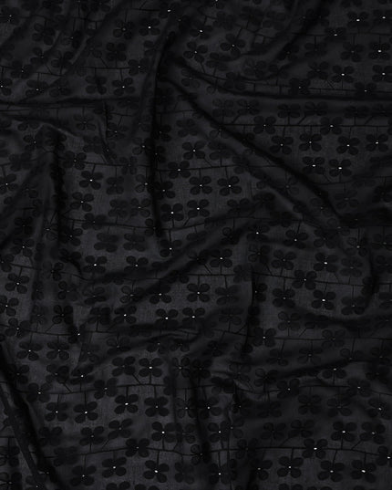 Jet Black Embroidered Cotton Voile Fabric 110cm