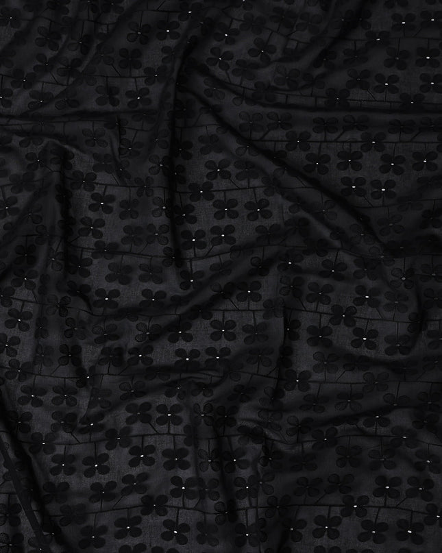 Jet Black Embroidered Cotton Voile Fabric 110cm
