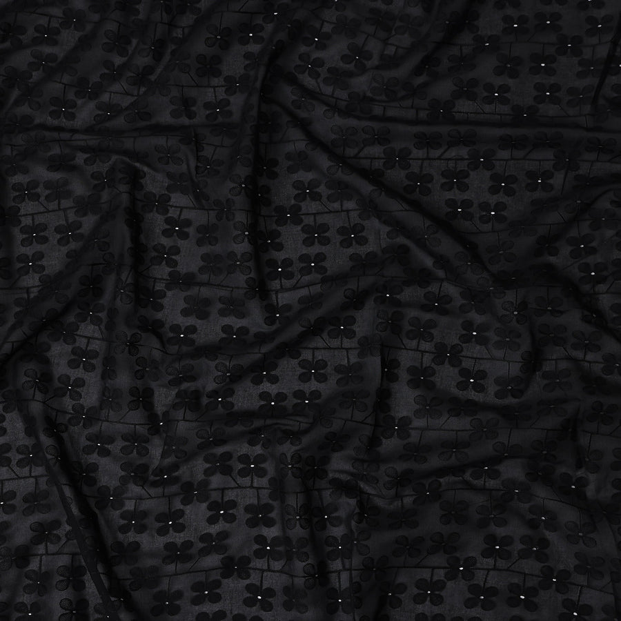 Jet Black Embroidered Cotton Voile Fabric 110cm