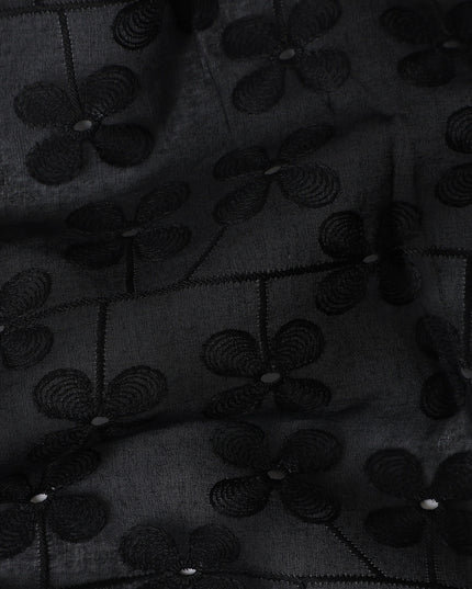 Jet Black Embroidered Cotton Voile Fabric 110cm