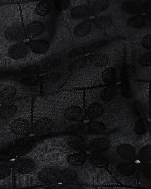 Jet Black Embroidered Cotton Voile Fabric 110cm