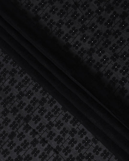 Jet Black Embroidered Cotton Voile Fabric 110cm