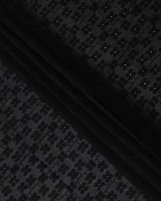 Jet Black Embroidered Cotton Voile Fabric 110cm