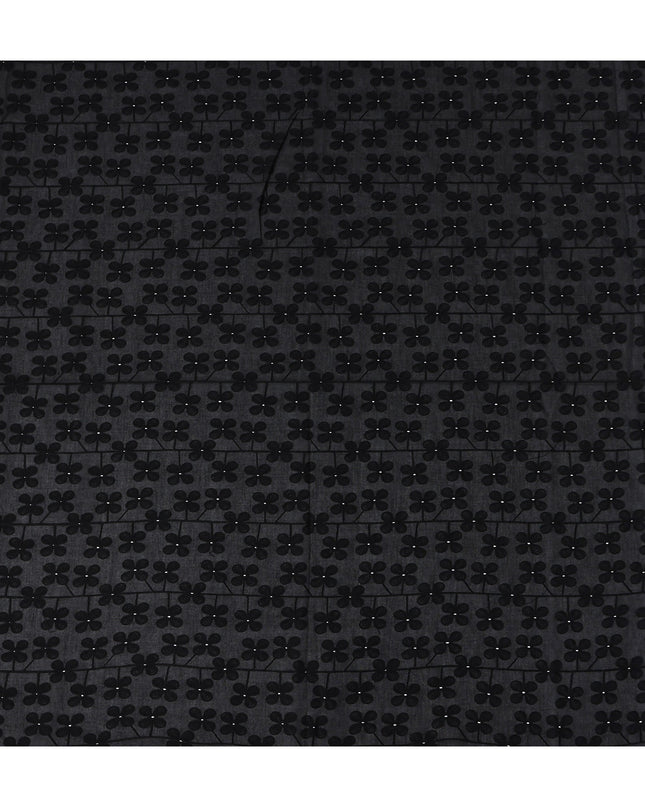 Jet Black Embroidered Cotton Voile Fabric 110cm