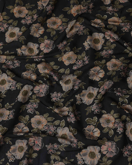 Black Floral Cotton Voile Fabric 110cm