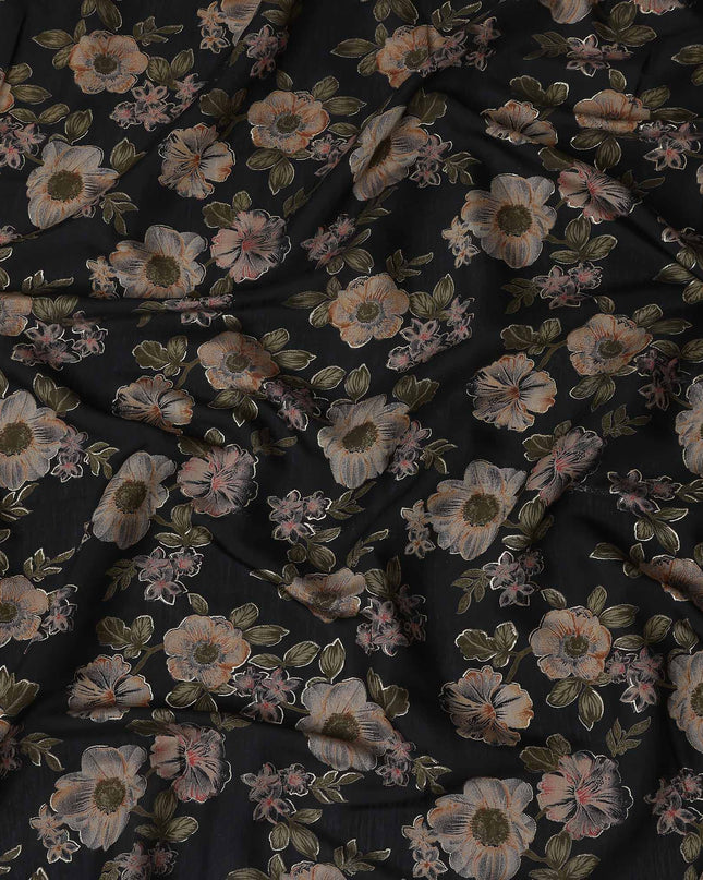 Black Floral Cotton Voile Fabric 110cm