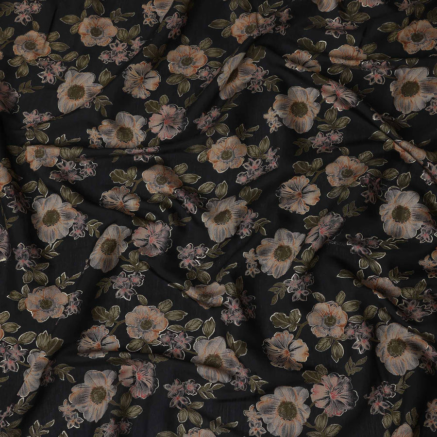Black Floral Cotton Voile Fabric 110cm