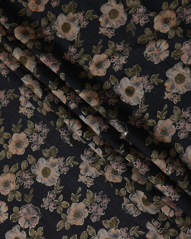 Black Floral Cotton Voile Fabric 110cm
