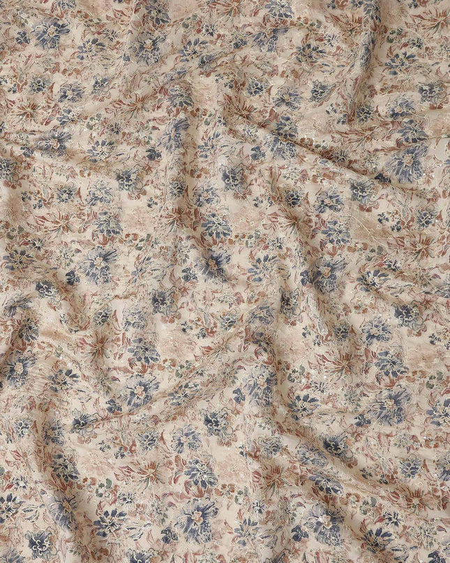 Beige Floral Cotton Voile Fabric 110cm