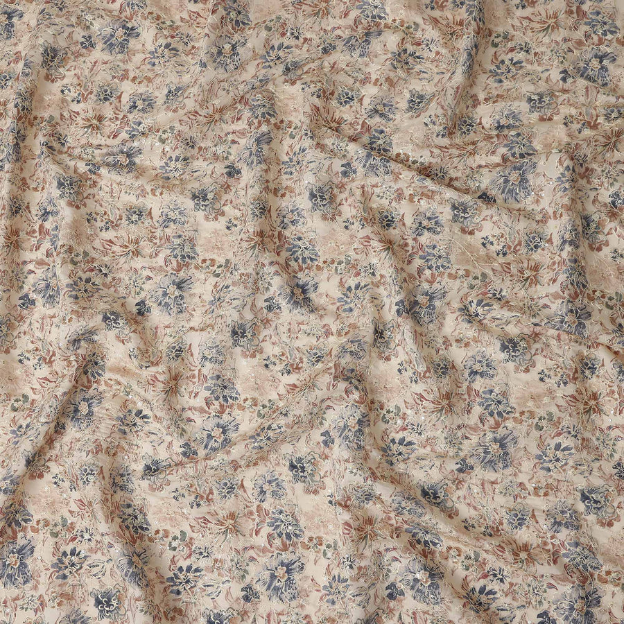 Beige Floral Cotton Voile Fabric 110cm