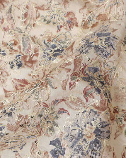 Beige Floral Cotton Voile Fabric 110cm