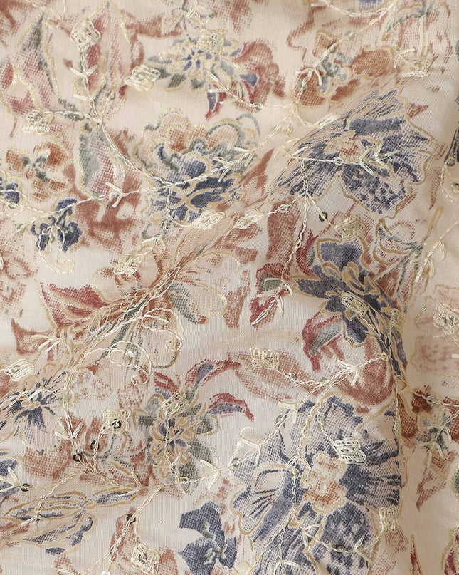 Beige Floral Cotton Voile Fabric 110cm