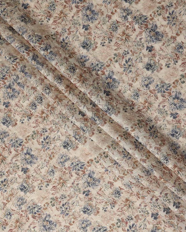 Beige Floral Cotton Voile Fabric 110cm