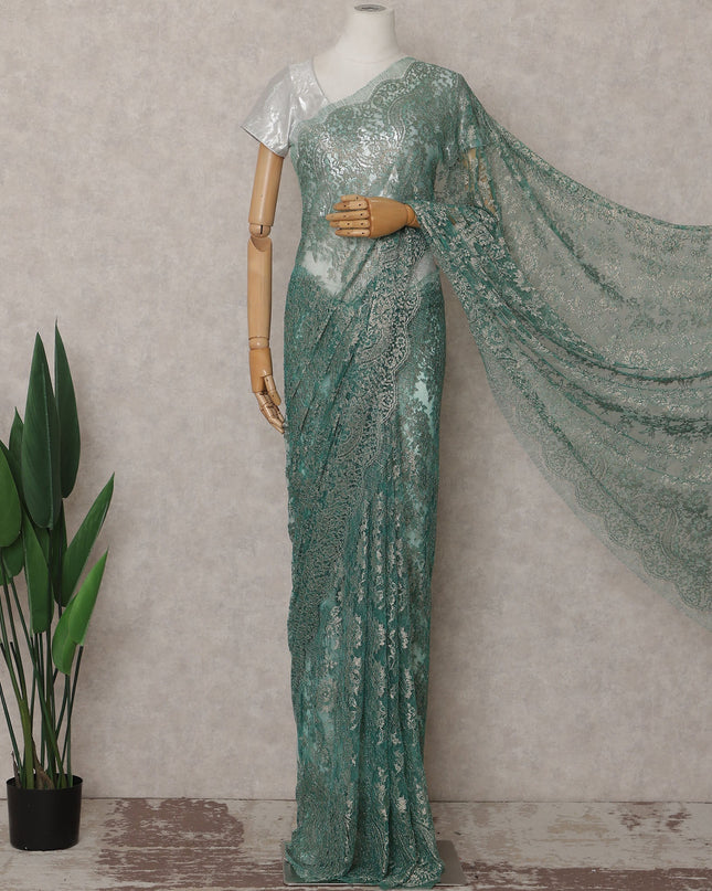 Teal Green Metallic French Chantilly Lace Saree