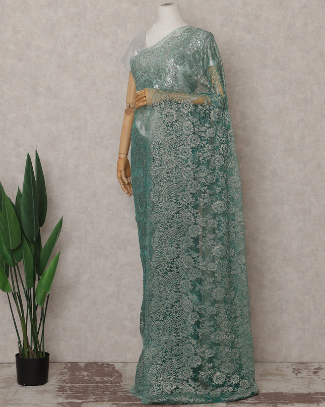 Teal Green Metallic French Chantilly Lace Saree