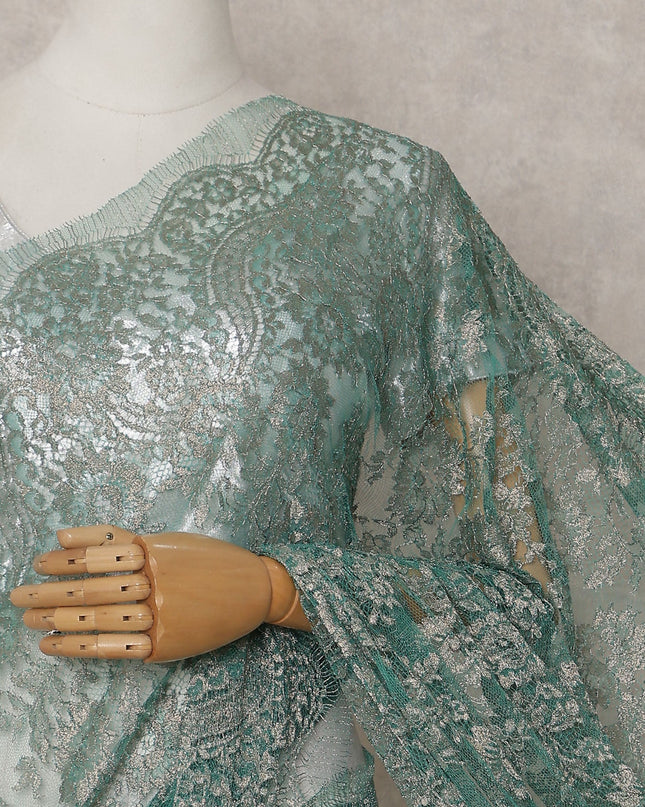 Teal Green Metallic French Chantilly Lace Saree