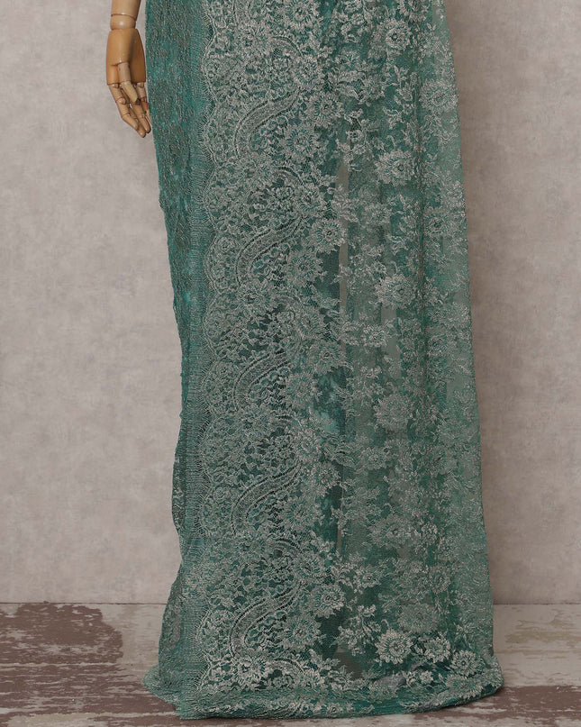 Teal Green Metallic French Chantilly Lace Saree